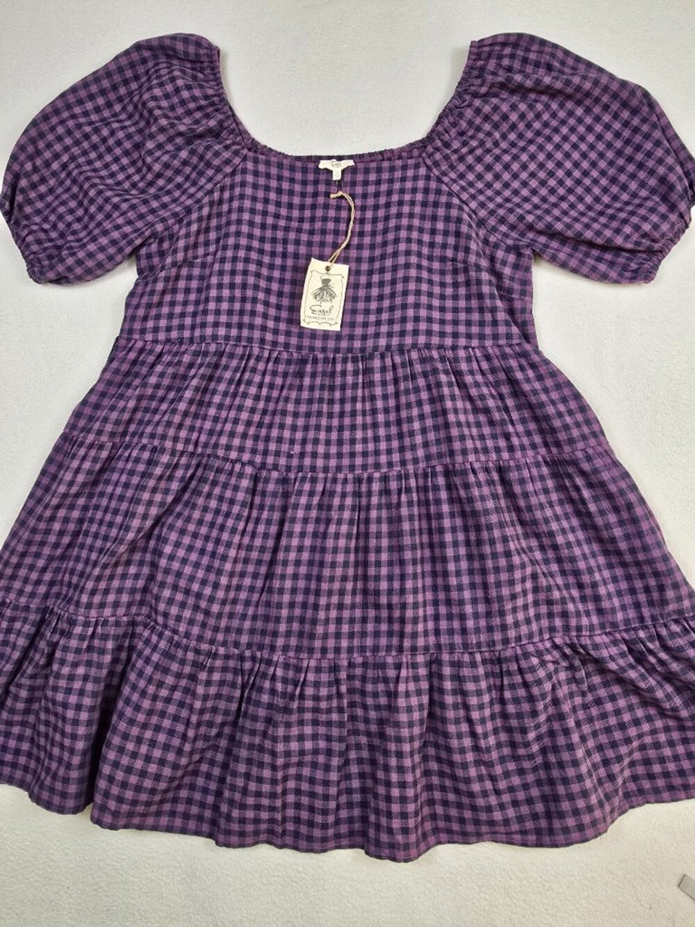 Easel Los Angeles 1X Purple Plaid Flannel Peasant Dress Cotton Short Puff Sleeve